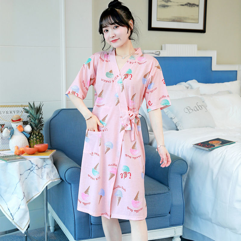 Áo Choàng Ngủ Cotton Tay Ngắn Phong Cách Kimono Hàn Quốc Thời Trang Mùa Hè Cho Nữ Mới