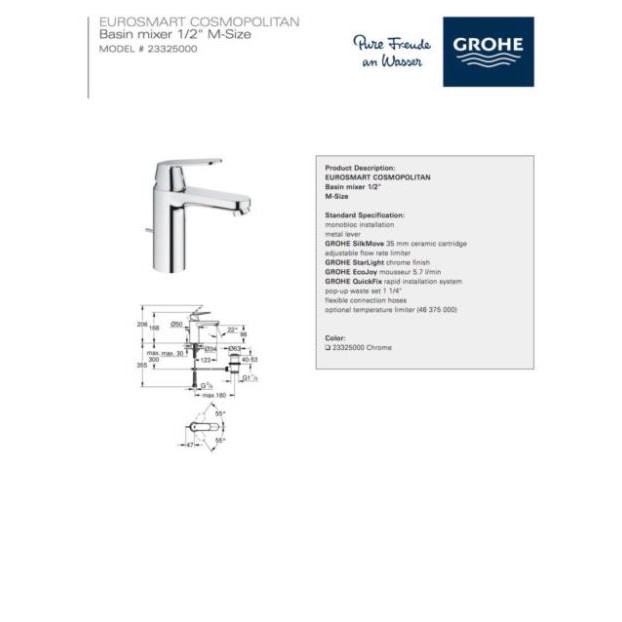 Vòi Chậu Grohe Eurosmart Cosmo M-Size 23325000 Nóng Lạnh