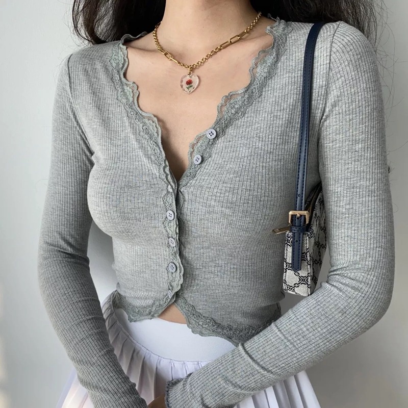 Áo croptop tay dài cổ V phối ren thời trang cho nữ
