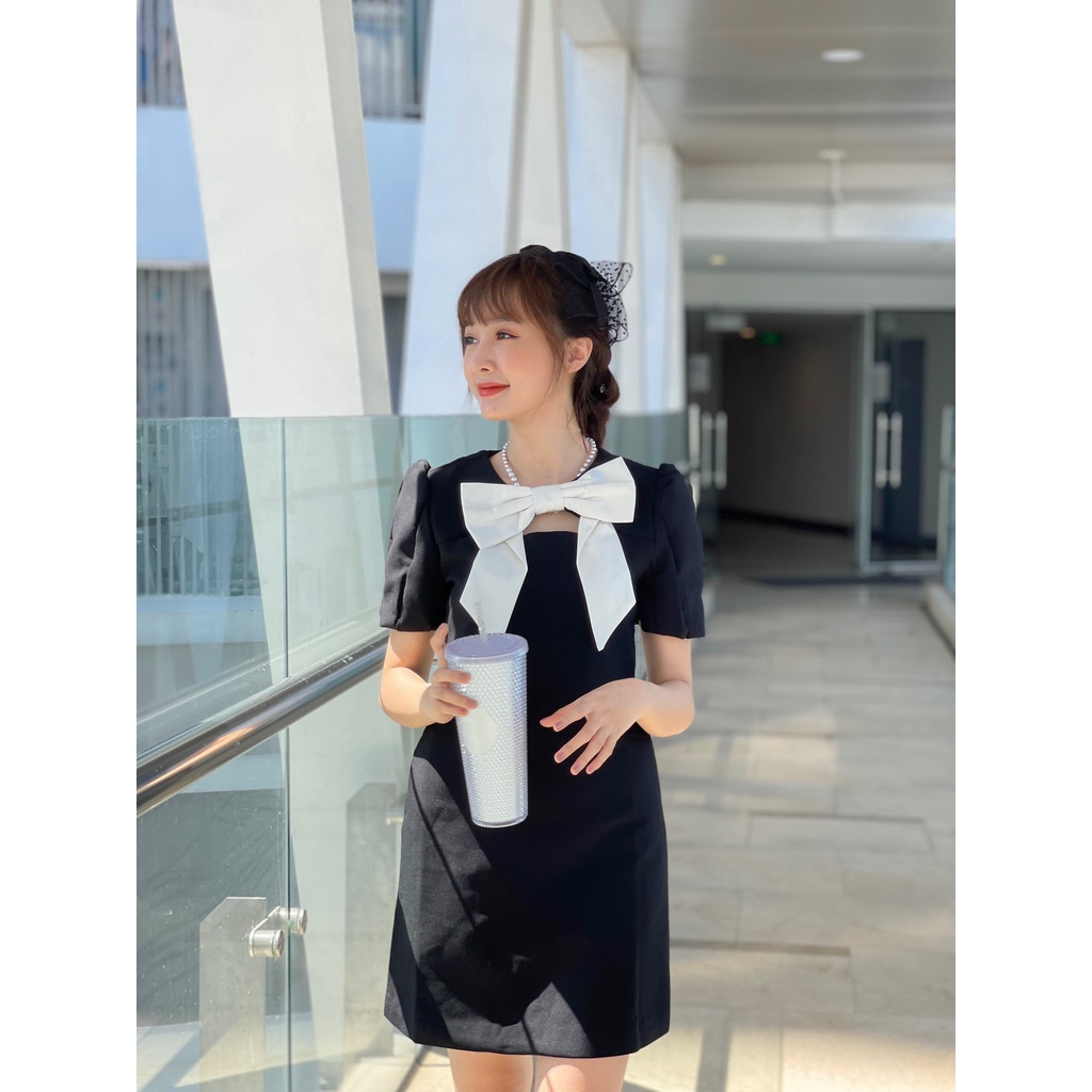 (HÀNG SẴN - ẢNH THẬT) Váy đen phối cổ nơ được may 2 lớp sang trọng, Đầm công sở, đi chơi đẹp