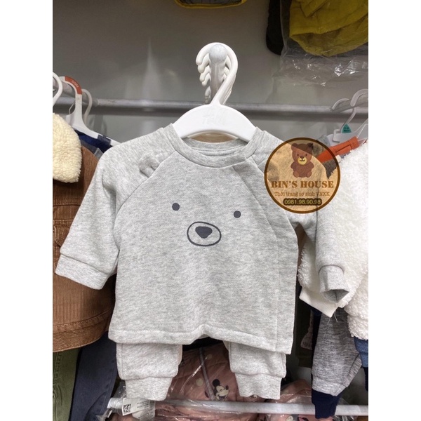 Bộ nỉ cài khuy chéo gấu ghi H&M sz 0-9M
