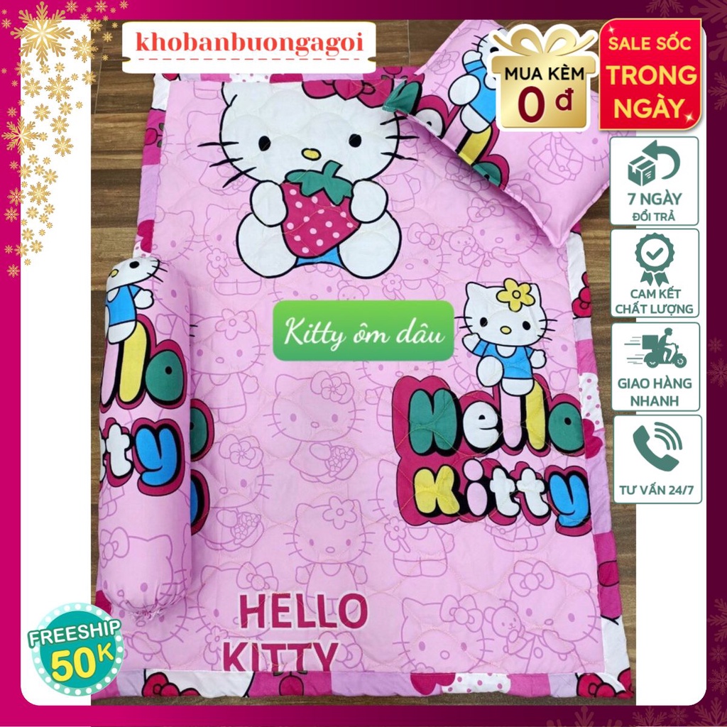 Bộ Chăn Gối Cho Bé Đi Học,set 3 món đầy đủ,vải cotton poly,được chọn nhiều mẫu-mẫu hello kitty ôm dâu