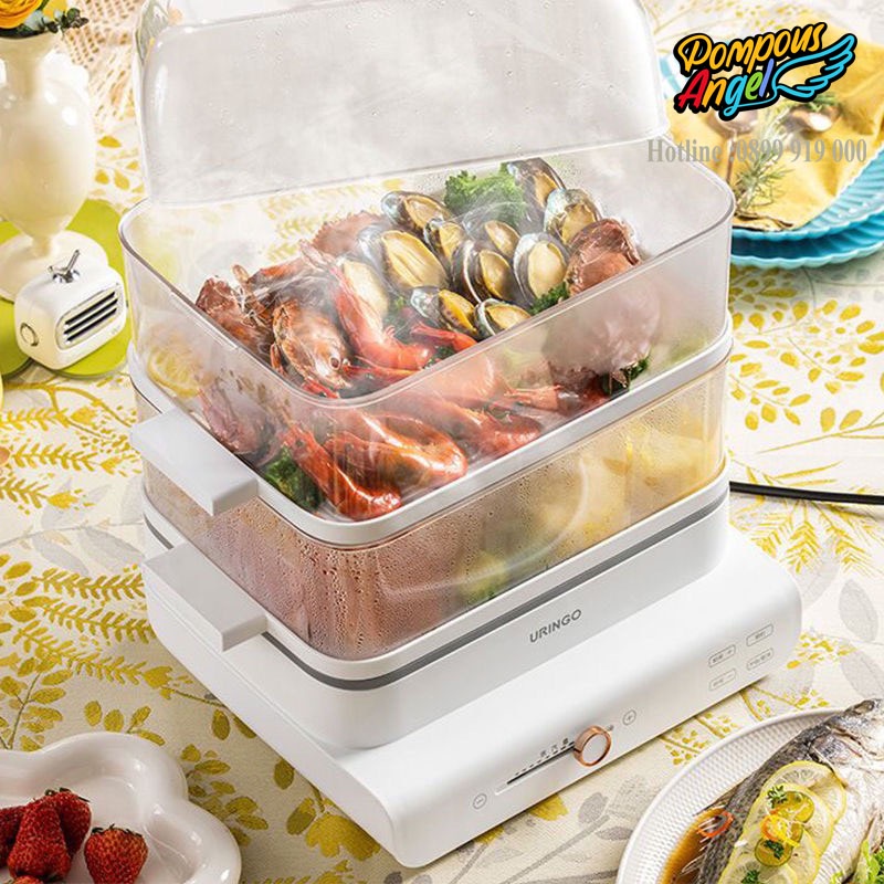 Nồi hấp thực phẩm 3 tầng URINGO 18L màu trắng, hơi nước nhiều ,chín nhanh, bảo hành 12 tháng