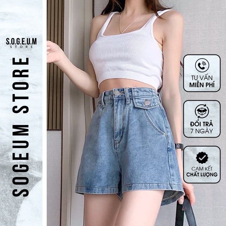 Quần Short Jeans Denim Xanh Nhạt Nữ Sogeum Quần Sooc Nắp Túi Cá Tính Phong Cách Hàn Quốc