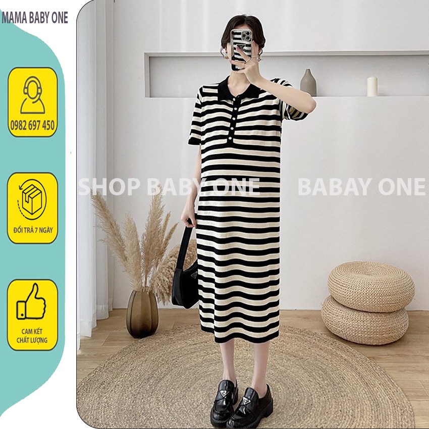 [MAMA BABAY ONE V74] ĐẦM BẦU SUÔNG DÁNG DÀI CỔ SƠ MI CHẤT COTTON CAO CẤP, VÁY BẦU KẺ SỌC THỜI TRANG HÀN QUỐC