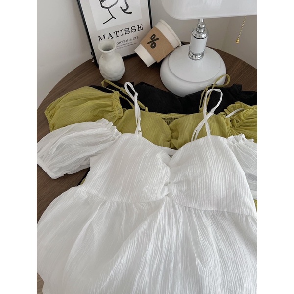 Đầm tơ 2 dây trễ vai nhún ngực có đệm dáng ngắn bèo tầng siêu tiểu thư bánh bèo babydoll (TTA145)