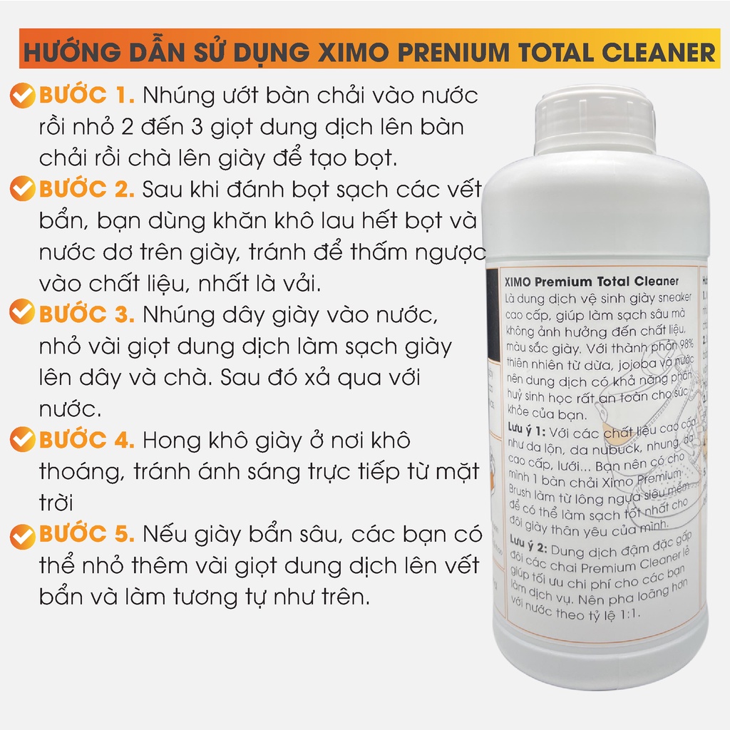 Can dung dịch vệ sinh chăm sóc giày XIMO Prenium Total Clean phù hợp cho các đại lý - 1000ml