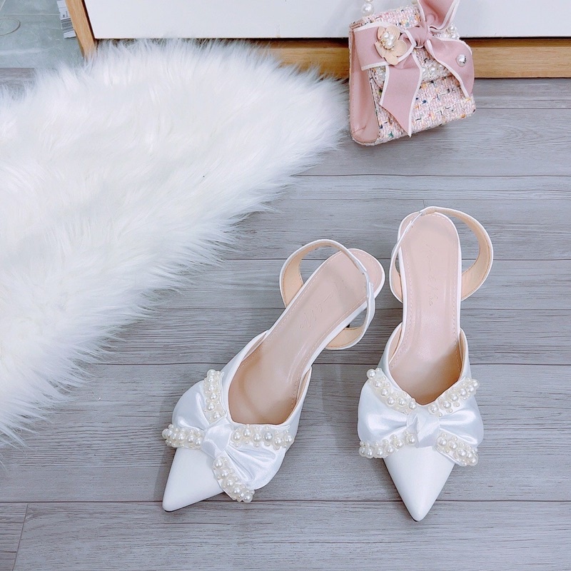 Bán sỉ- Giày sandal cao gót tiểu thưmũi nhọn da lì nơ lụa bóng viền ngọc gót nhọn 5cm