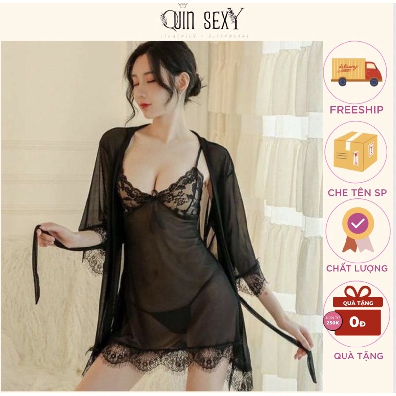 Set Váy Ngủ 2 Dây Sexy Xuyên Thấu Gợi Cảm Ren Cao Cấp Kèm Áo Choàng VN054 | BigBuy360 - bigbuy360.vn