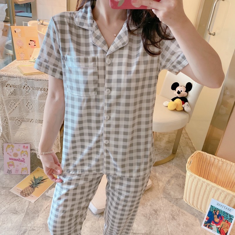 Đồ bộ mặc nhà nữ Pijama quần dài, áo ngắn tay kẻ Caro thanh lịch CiCi | BigBuy360 - bigbuy360.vn