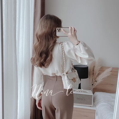 Áo sơ mi lụa cổ sen 2 lá đính viền dây ngọc tiểu thư