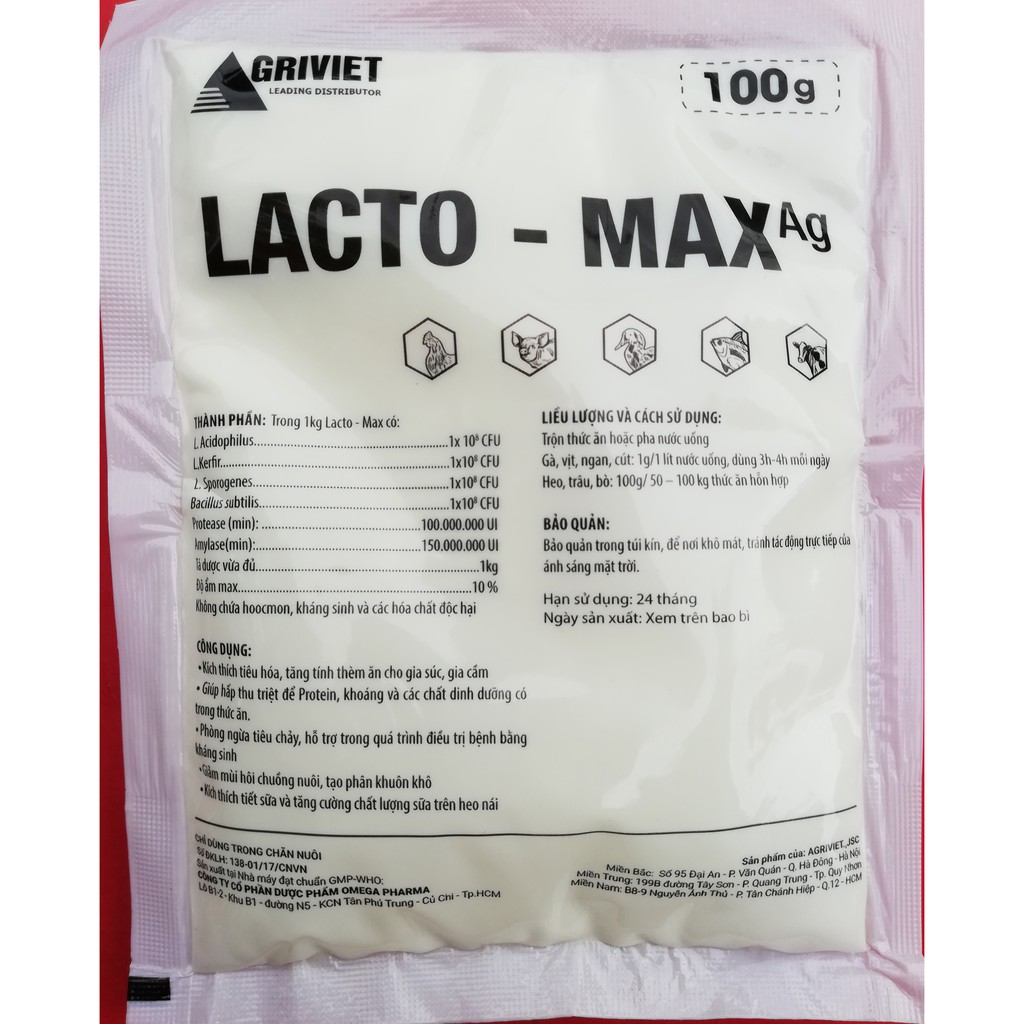 1 Gói LACTO–MAX Ag 100g Men tiêu hóa sống chịu kháng sinh, Phòng tiêu ch-ảy, kích thích tăng trưởng, giảm tiêu tốn thức