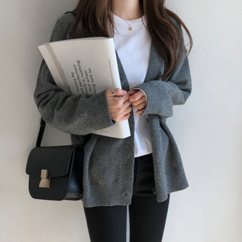 Áo khoác Sweater mỏng tay dài dáng rộng màu trơn phong cách Hàn Quốc retro