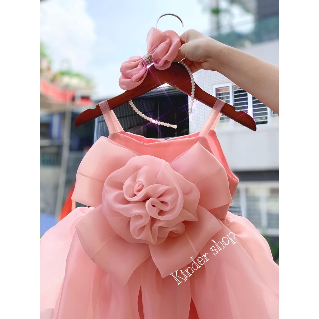 Váy Công Chúa Cho Bé Gái Thiết Kế Hoa Hồng Trước Ngực Nơ Lưng Cực Xinh, Đầm Công Chúa 2 Dây Hoa Nơ 4 Cánh Cao Cấp