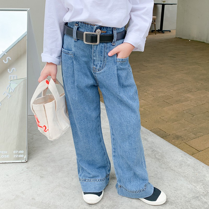 Quần jean ống rộng có thắt lưng phong cách Hàn Quốc thời trang mùa thu sành điệu cho nữ