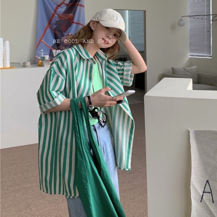 Áo Sơ Mi Tay Lửng Dáng Rộng Họa Tiết Kẻ Sọc Màu Xanh Lá Thời Trang Xuân Hè Hàn Quốc 2021