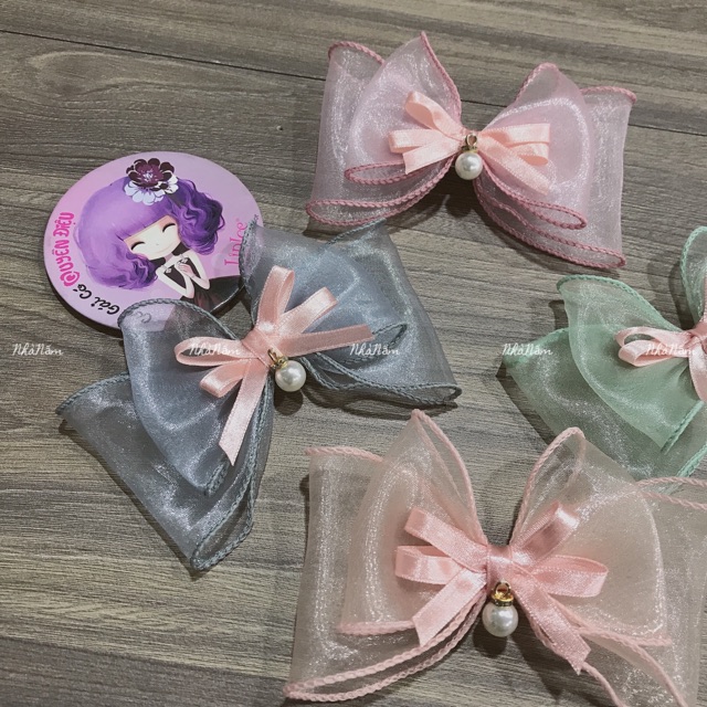 KẸP TÓC NƠ HAI TẦNG RUY BĂNG VIỀN BÈO PHỐI HẠT - [Nhà Nấm handmade]