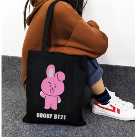 Túi Tote Vải Canvas Màu Đen In Hình Bt21 Dễ Thương