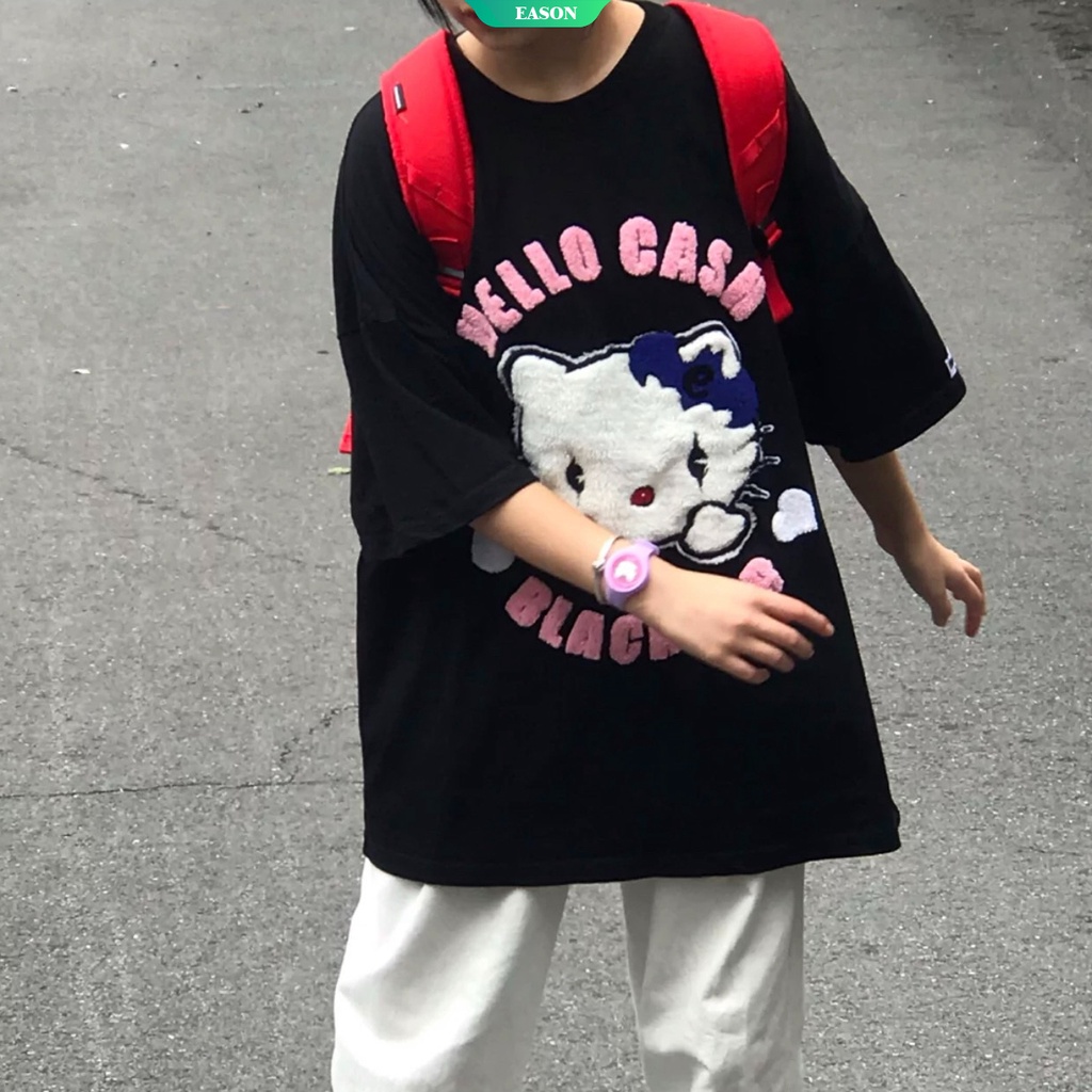 SANRIO Áo Thun Tay Ngắn Thêu Họa Tiết Hoạt Hình Hello Kitty Phong Cách Nhật Bản Thời Trang Mùa Hè Cho Nữ