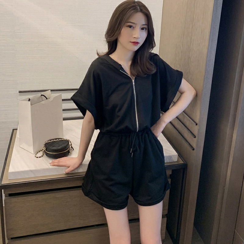 Jumpsuit Tay Ngắn Màu Trơn Thiết Kế Thanh Lịch Cho Nữ