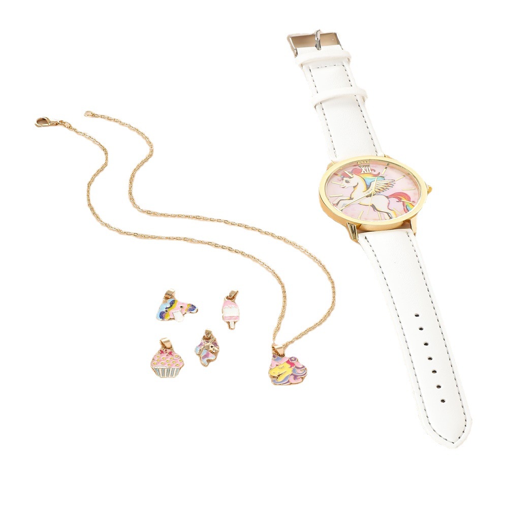 Đồng Hồ Đeo Tay Dây Da PU Hình Ngựa Pony Màu Cầu Vồng Dễ Thương Dành Cho Bé Gái