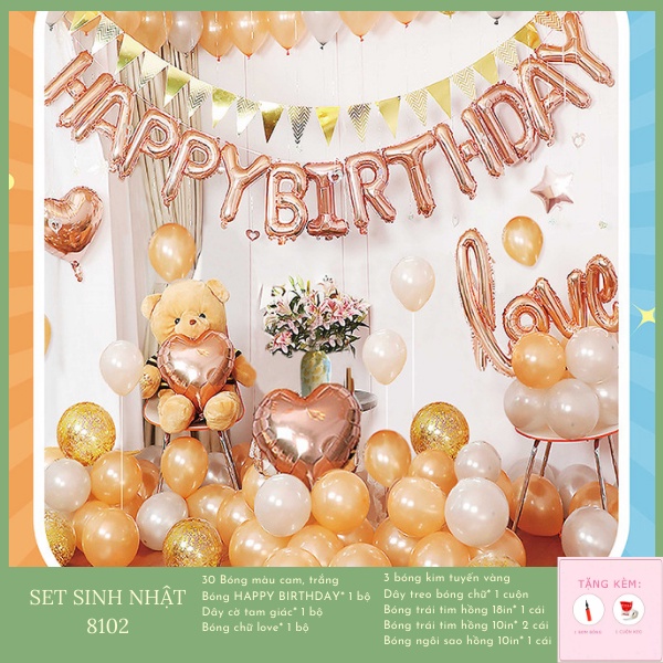 Set Trang Trí Sinh Nhật tông trắng cam Lãng Mạn Đáng Yêu, trang trí tiệc tùng, ngày kỉ niệm 8102 - MBBDecors