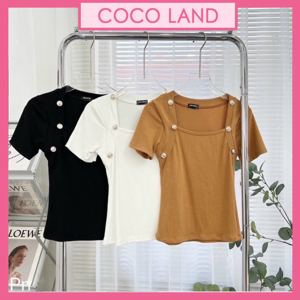 Áo kiểu nữ chất zip cao cấp cổ vuông đính khuy sang chảnh cá tính A582 coco land chất đẹp hot deal