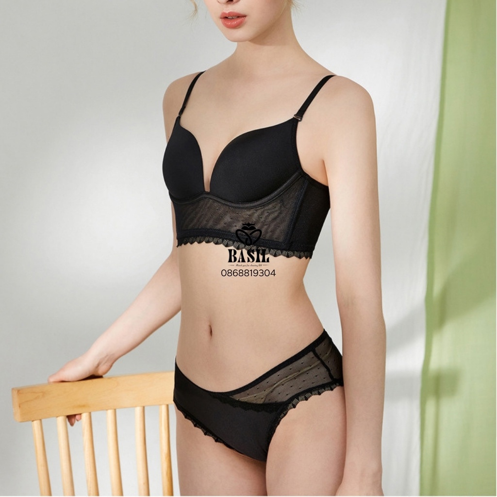 Bộ đồ lót BS03 Basil nữ trơn phối ren đệm mỏng không gọng hở lưng