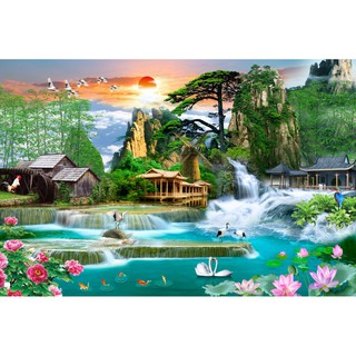 Tranh dán tường 3D thác nước sơn thủy - tranh 3D sơn thủy - vải lụa kim tuyến - kích thước theo yêu cầu