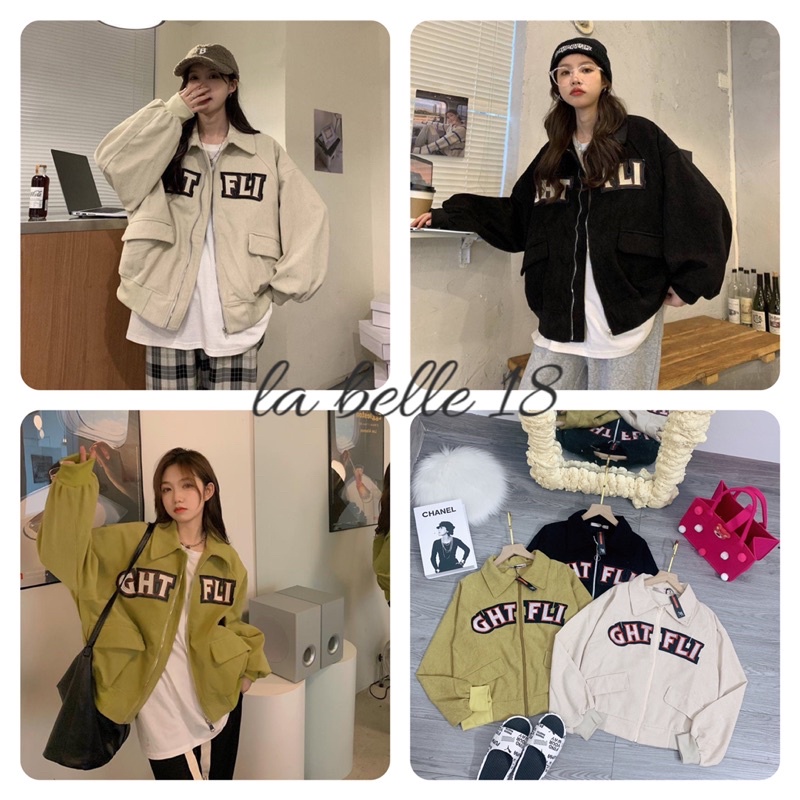 Áo Bomber Dáng Cộc Croptop Cổ Bẻ Khoá Thêu Chữ Áo Khoác Nhung Tăm