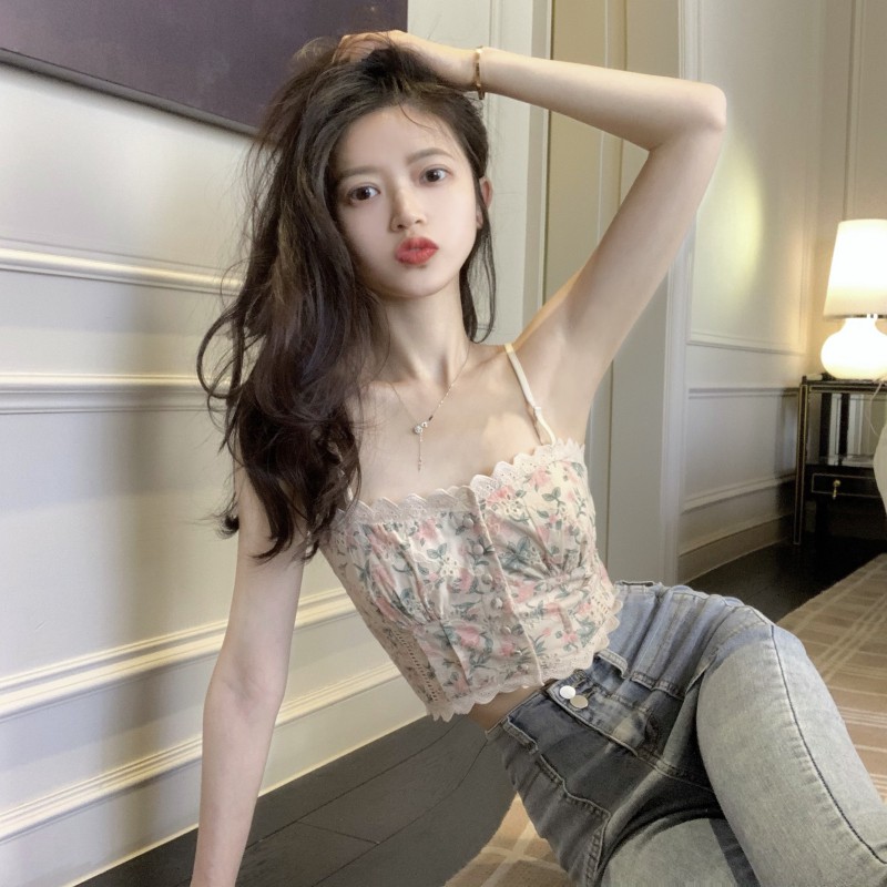 Cocory vn Áo Croptop Hai Dây Phối Ren In Hoa Phong Cách Quyến Rũ | BigBuy360 - bigbuy360.vn