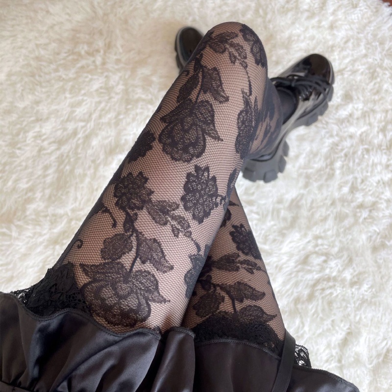 Quần tất lưới lưng cao in họa tiết hoa lá phong cách gothic cổ điển thời trang cho nữ