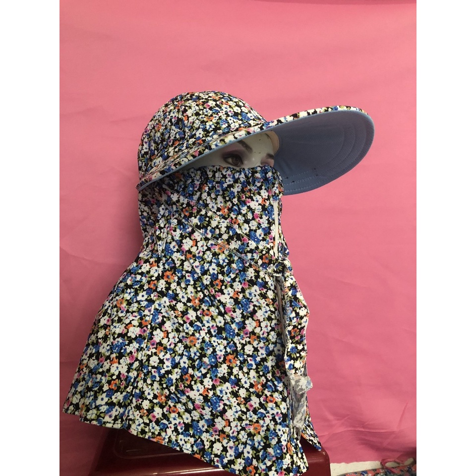 Khẩu trang nón Duy Ngọc vành rộng hoa nhỏ chất liệu cotton dây khóa giữa thích hợp mọi thời tiết
