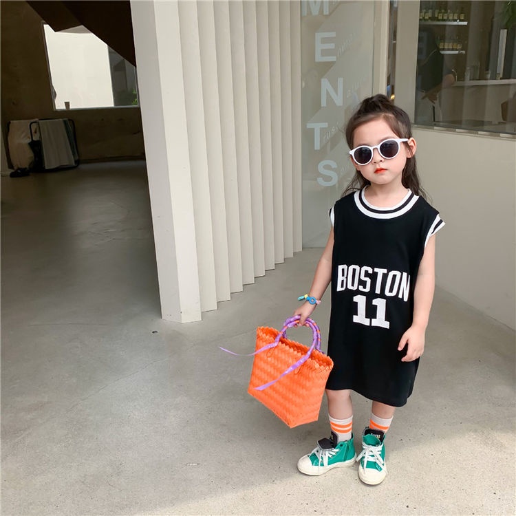 Đầm Cotton Chữ A Tay Lửng In Họa Tiết Bóng Rổ Thời Trang Mùa Hè Hàn Quốc Dành Cho Bé Gái