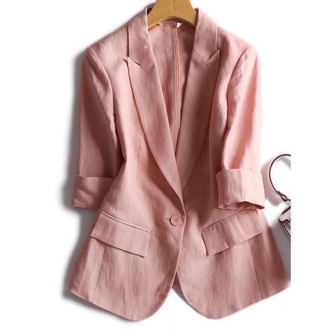 [Sẵn] Áo Blazer Hồng Tay Lửng Linen Cotton 2022 | BigBuy360 - bigbuy360.vn