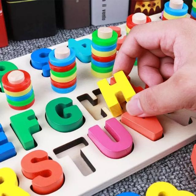 Giáo cụ Montessori - Bộ Thả Cọc 4 Dòng Học Đếm Và Ghép Chữ Cái Tiếng Anh