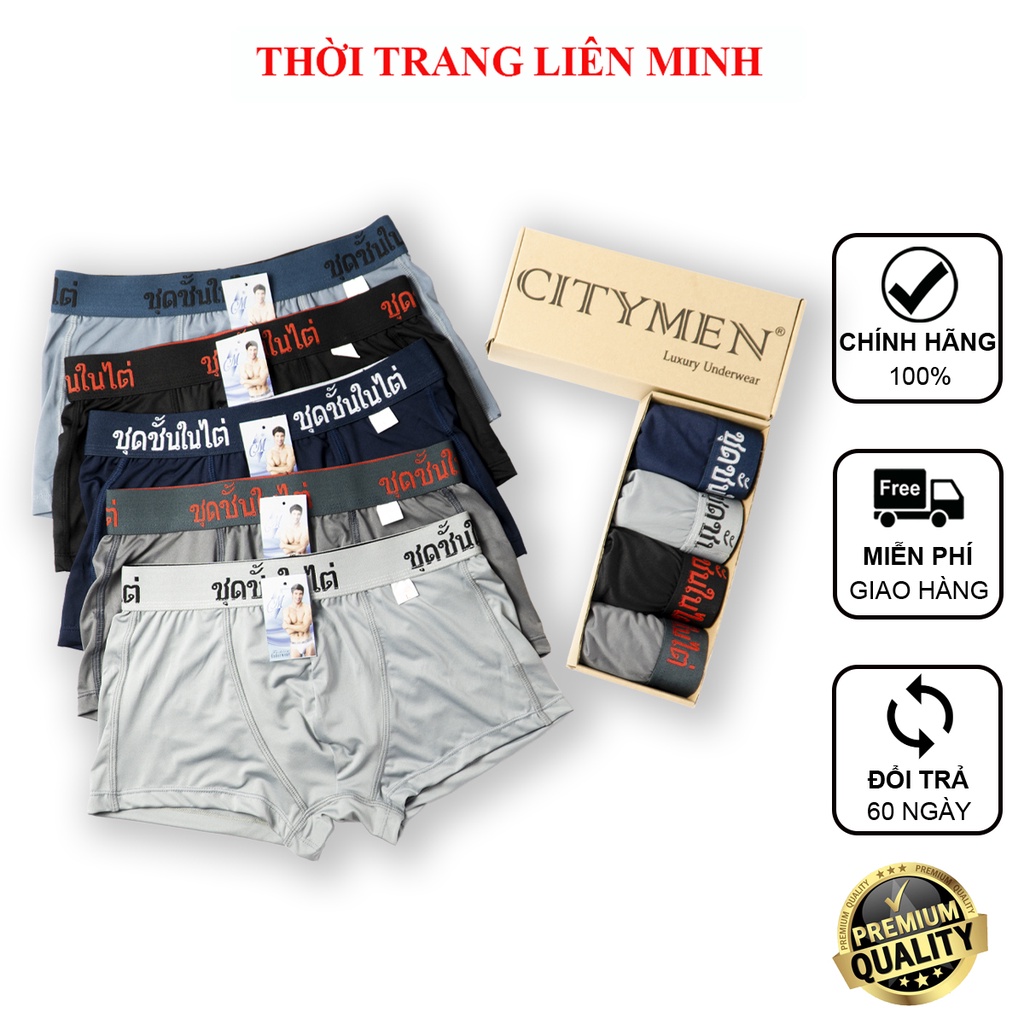 Hộp 4 quần sịp nam boxer CITYMEN cao cấp lưng Thái vải thun lạnh co dãn 4 chiều