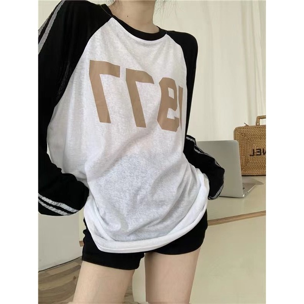 Jiashucheng Áo Thun Nữ Dài Tay Cổ Tròn Form Rộng Thời Trang Hàn