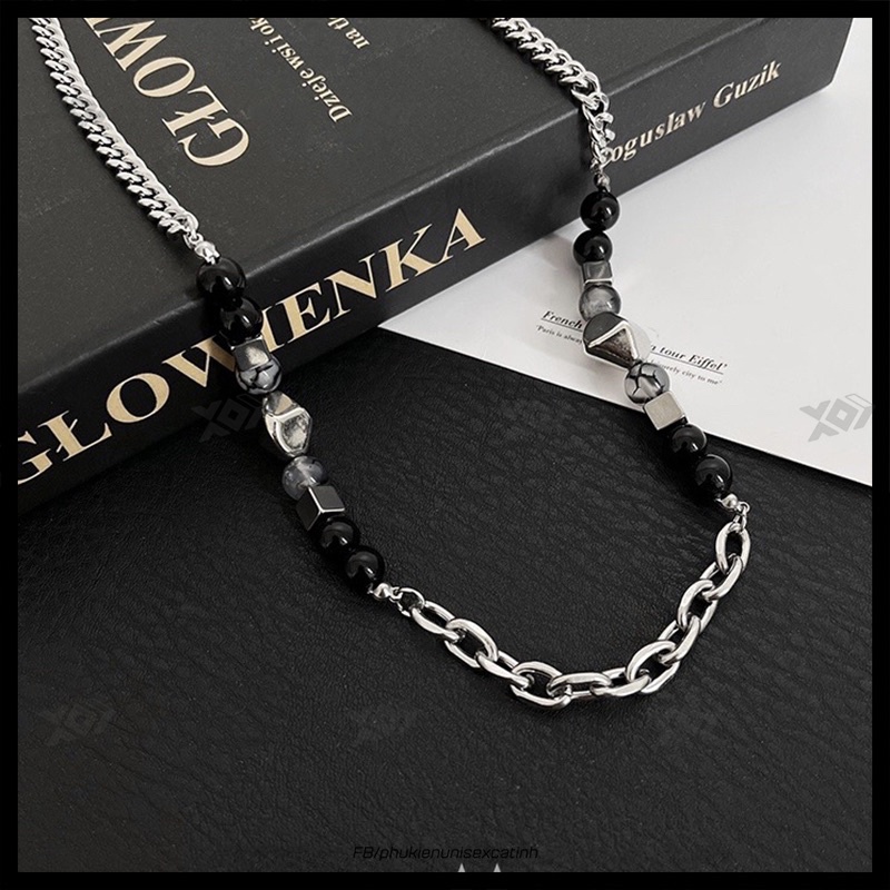 Vòng cổ Phối Hạt Đá Và Thép Titan không gỉ Cá Tính - Dây chuyền unisex cho nam nữ Độc Đáo