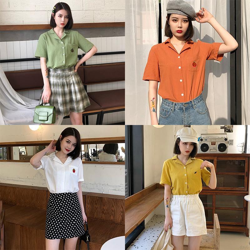 Áo Sơ Mi Nữ Tay Ngắn Có Cổ Thêu Hình Trái Cây Thời Trang