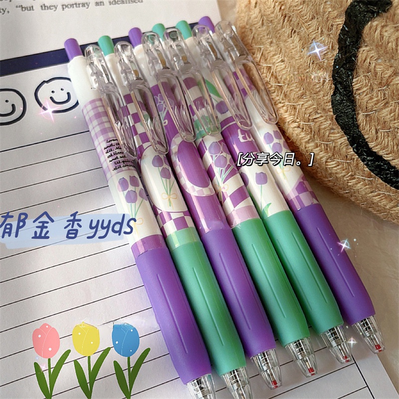 Set 6 Bút Mực Gel Ngòi 0.5Mm Màu Đen Hình Hoa Tulip Xinh Xắn