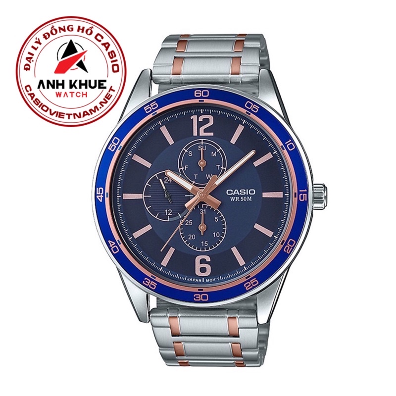 Đồng Hồ Nam Casio MTP-E319RG-2BVDF Dây Đeo Kim Loại Mạ Vàng Hồng - Viền Mặt Màu Xanh