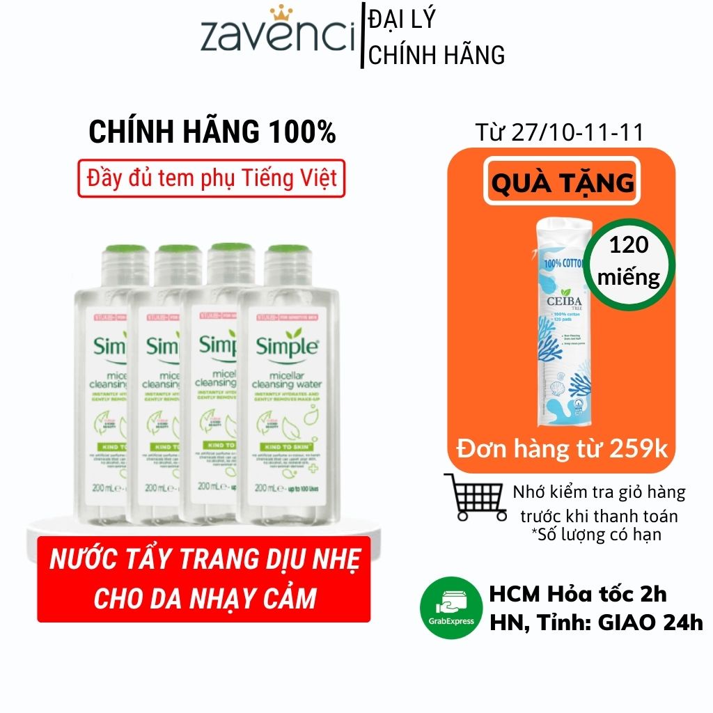 Combo sỉ 6 nước tẩy trang Simple Kind to Skin Micellar Cleansing Water mọi loại da 200ml - ZAVENCI Official