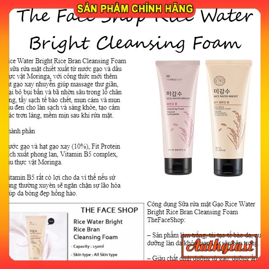 Sữa rửa mặt gạo The Face Shop Rice Water Bright Rice Bran Cleansing Foam TFS