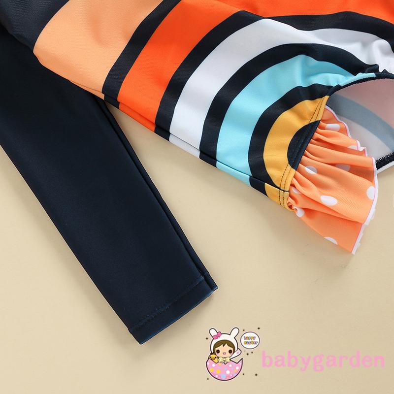 Bộ đồ bơi liền thân cổ tròn tay dài phối bèo in họa tiết cầu vồng dễ thương cho bé gái 2-7 tuổi