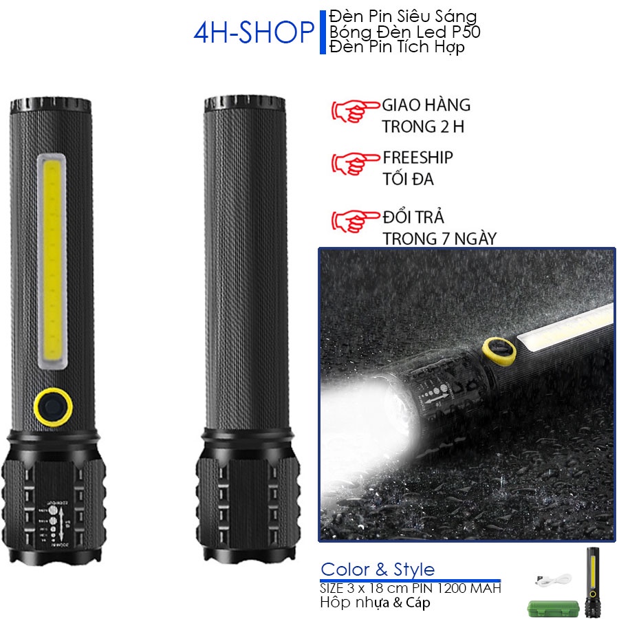 Đèn pin siêu sáng Led P50 đèn cạnh COB, dùng pin sạc 1200mah, kèm hộp nhựa và cáp sạc cổng USB.