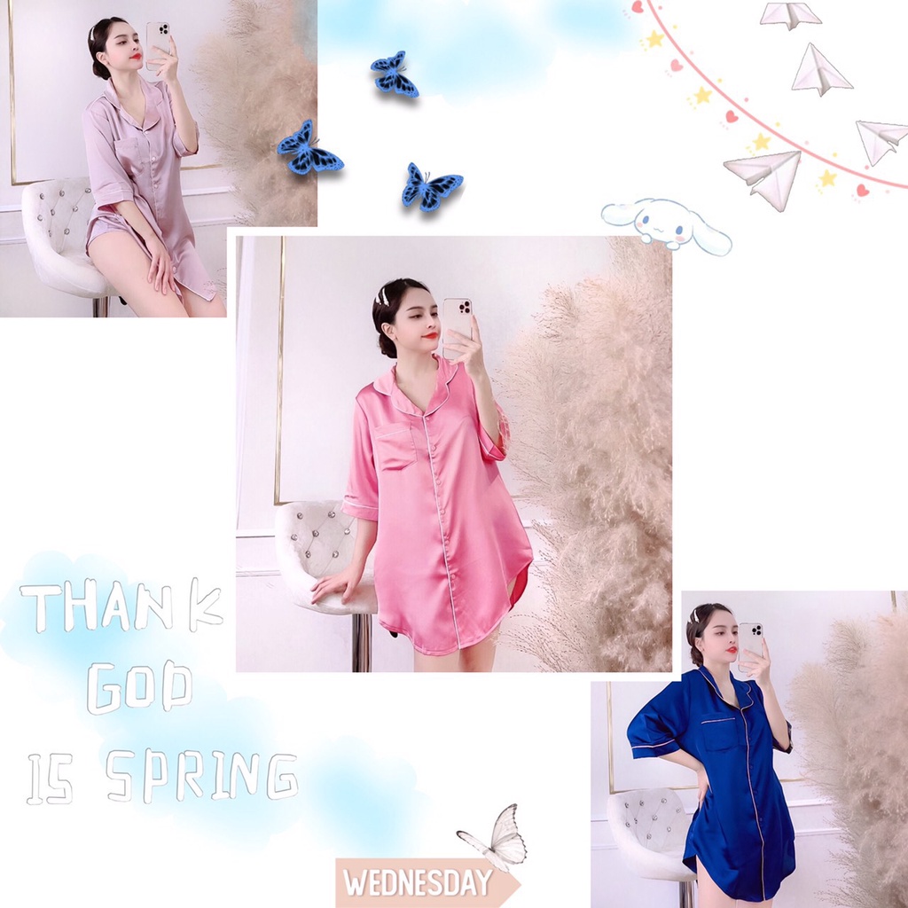 ( Freeship 50k ) Đầm Ngủ Pijama Lụa Satin Tay Lửng Kèm Quần Ngắn Sexy Feesize Dưới 57kg