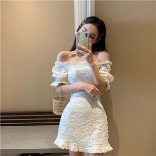 (Sẵn S)Váy trắng trễ vai tay bo chun xoè phối bèo dáng xoè / Đầm ôm body sexy