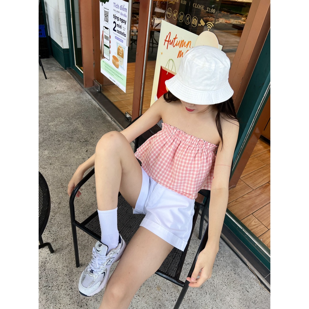 TRIPIEM - Áo croptop hai dây caro hồng viền bèo 2 tầng Pinky Top