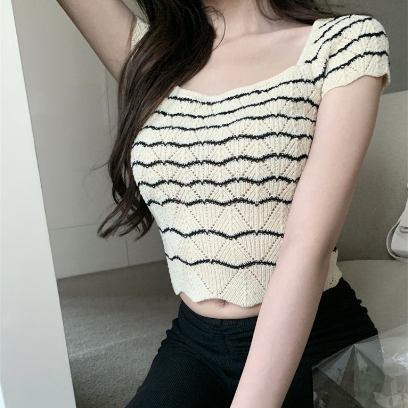 Áo Dệt Kim Ngắn Tay Cổ Vuông Họa Tiết Kẻ Sọc Thời Trang Cho Nữ